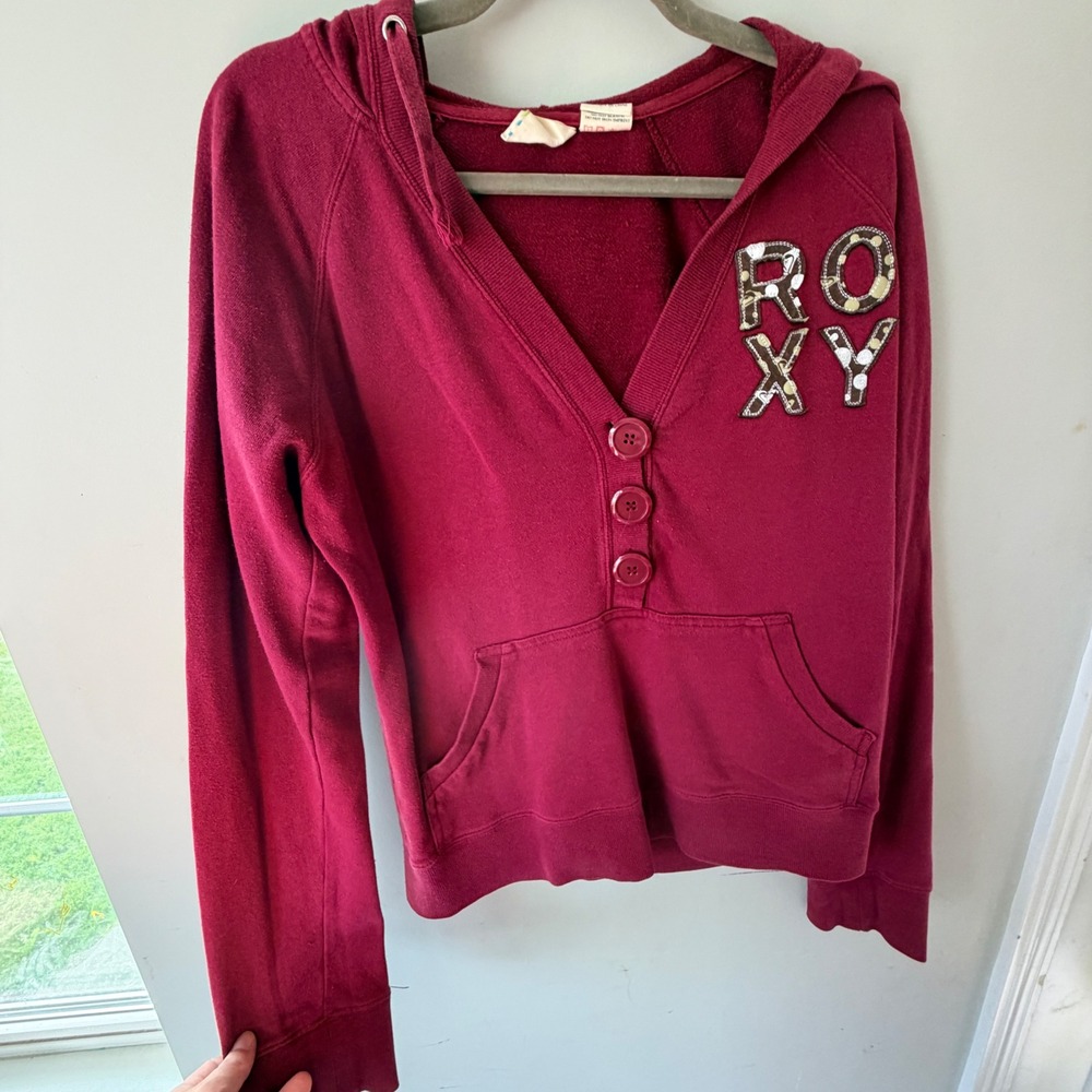 Y2K Roxy Henley Hoodie Women XL Burgundy Fleece Surf Skater Indie Sleeze VNeck